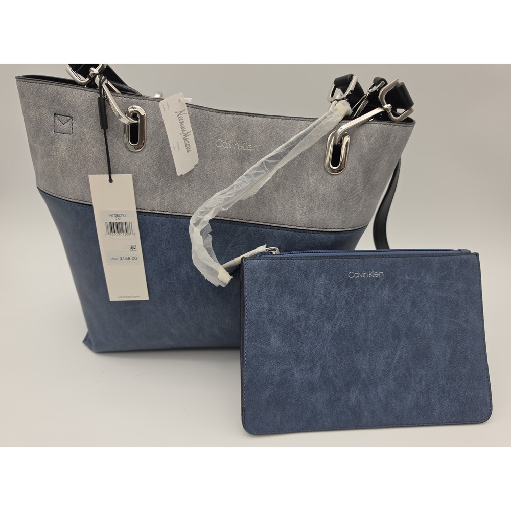 New Leather Calvin Klein purse Blue Gray Tote Purchased From Neiman Marcus.